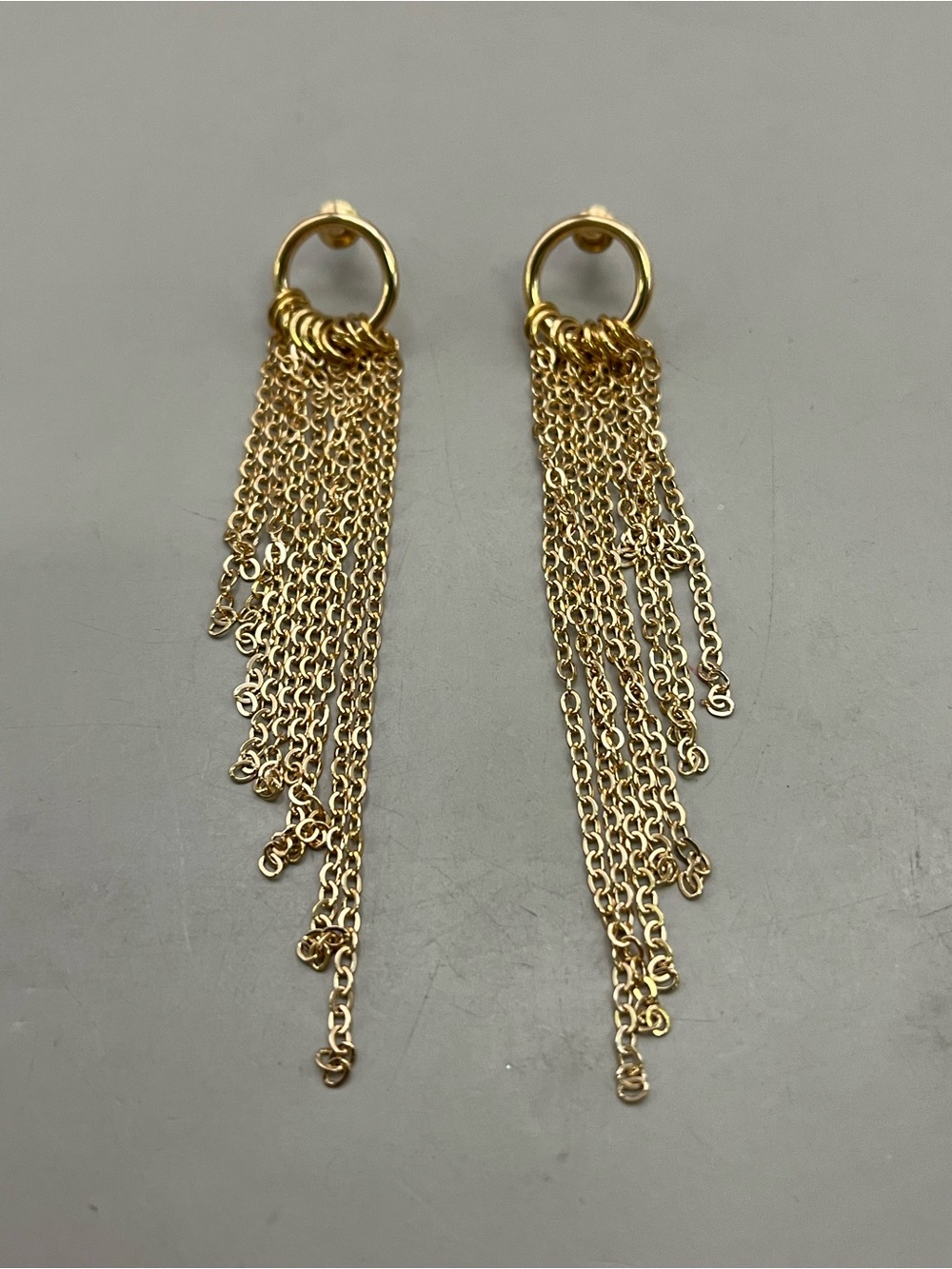 Gold Tone Long Chain Tassel Dangle Earrings Circle Top Post Back Fringe Boho